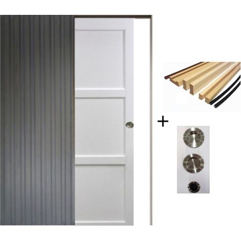 Porte Coulissante Korya Blanc 3 Panneaux H204 X L93 Cm, Galandage, Kit Finition (coquille Et Tire Doigt) Gd Menuiseries