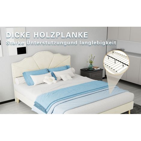 Lit beige 140 x 200 cm avec tête de lit rembourrée et matelas inclus, cadre bas pour chambre et suite parentale (1/5)