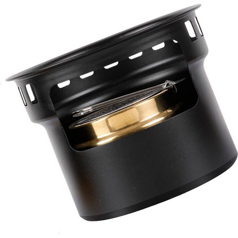 Réchaud à alcool portable, petit modèle en alliage d'aluminium et laiton, coupe-vent, pour camping et pique-nique, noir. (1/2)