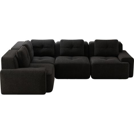 Sofá esquinero modular sin reposabrazos de terciopelo acanalado negro, 4 plazas (1/5)