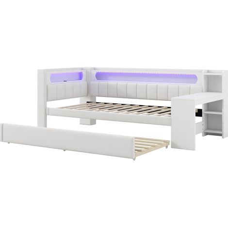 Lit de jour capitonné 90 x 200 blanc avec LED, USB, lit gigogne et bureau intégré (1/5)