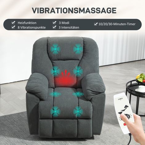 Fauteuil relax électrique inclinable avec massage et chaleur, siège rembourré gris doté de ports USB et poches latérales