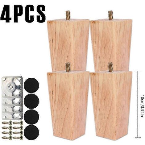 Pieds de meubles carrés 4/8, pieds de canapé en bois massif de 6/10/15 cm, pieds de remplacement de hauteur, avec vis et patins de fixation, jaunes, 10 cm, lot de 4 (1/5)