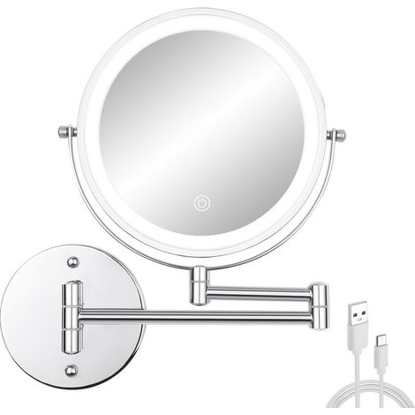 Miroir de maquillage mural avec lumières, 20,3 cm double face 1x/10x, miroir de rasage grossissant pour salle de bain avec 3 lumières de couleur, miroir cosmétique extensible rechargeable (1/5)