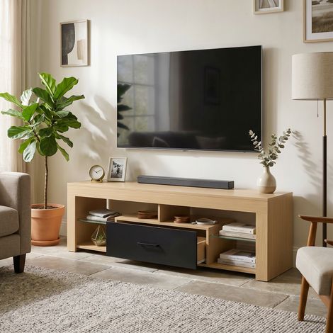 Meuble TV 140 cm, Meuble Télé pour 65 Pouces avec Étagères en Verre Réglables, Tiroir et Compartiments Ouverts, Chêne (1/5)