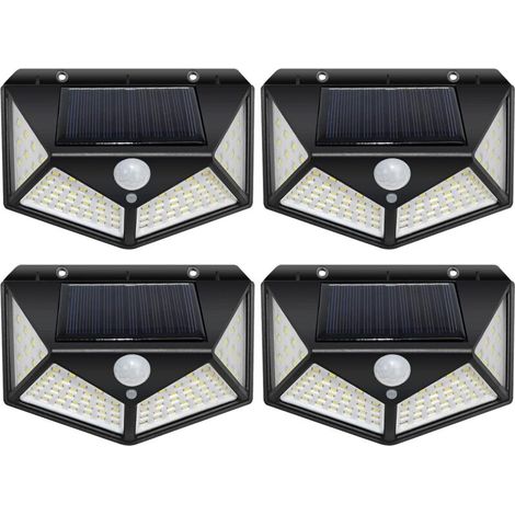 Set di 4 luci solari da esterno con 100 LED, sensore di movimento, impermeabili, ad energia solare, senza fili, per giardino. (1/4)