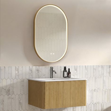 Conjunto de muebles de baño con espejo, mueble de lavabo de 80 cm con mueble bajo, armario de baño suspendido, premontado, acabado en roble, espejo ovalado LED de 50 x 80 cm con pedrería y marco dorad (1/5)