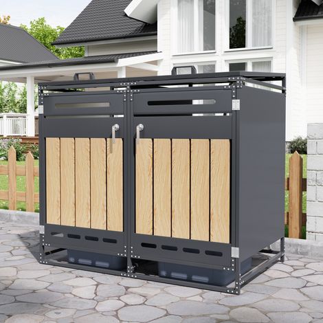 Cache-poubelles double extérieur avec couvercle hydraulique, 2 compartiments, fer noir aspect bois (1/5)