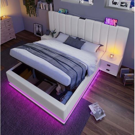 Letto matrimoniale imbottito moderno 160x200 cm con contenitore idraulico, LED 360°, USB e USB-C, PU bianco (1/5)