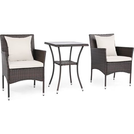 3-teiliges Rattan-Gartenmöbelset mit Kissen und Glastisch