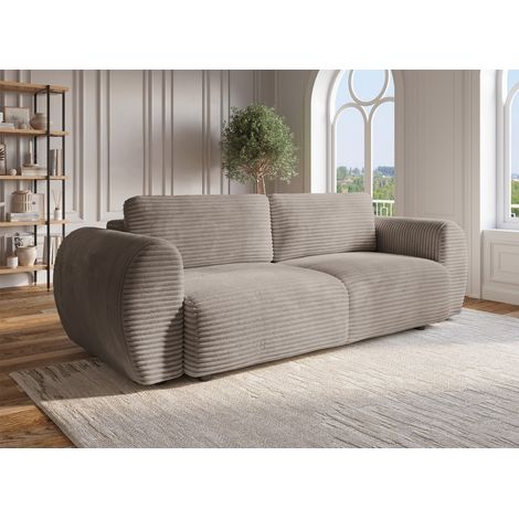 Deco In Paris – Canapé droit 3 places convertible avec coffre de rangement – Velours côtelé épais taupe – Dimensions 251x122x86 cm – Couchage 155x200 cm (1/5)
