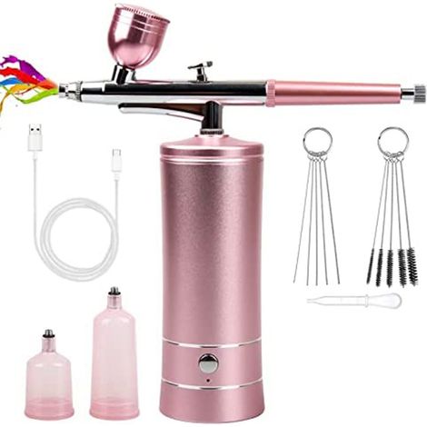Kit Aérographe, Pistolet Aérographe Rechargeable sans Fil pour Décoration de Gâteaux, Peinture Modèle, Maquillage, Tatouage, Nail Art - Rose