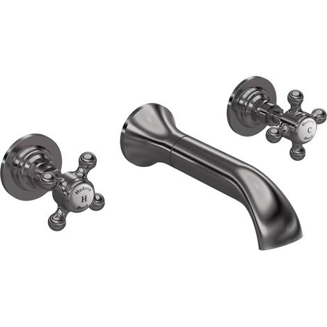 Hudson Reed White Topaz Crosshead 3-Hole Basin Mixer Tap Wall Mounted - Brushed Pewter (1/2)