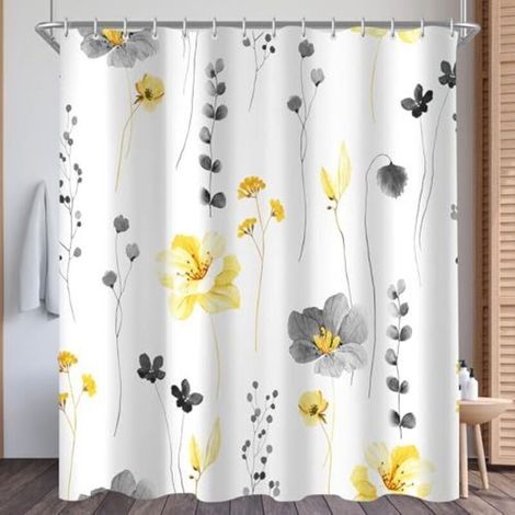 Lerores Shower Curtain – 180 x 200 cm – Yellow and Grey Floral Pattern – Weighted Hem – Mildew Resistant – Water Repellent – Washable – Polyester – Bathroom Curtain with 12 Grommets and Rod