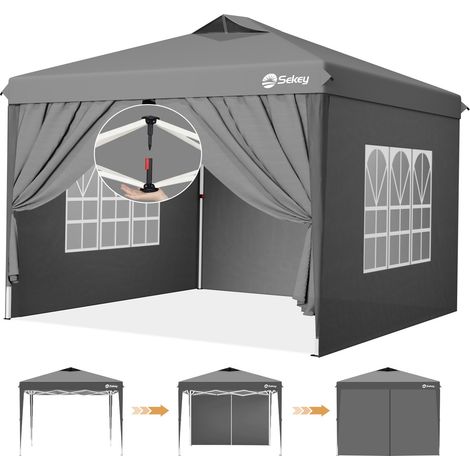 Sekey Faltpavillon 3x3 m, Pop Up Gartenpavillon Partyzelt, wasserdicht & winterfest, mit 4 Seitenteilen, Grau (1/5)