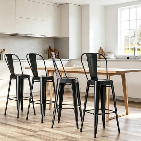 DESMIU Tabouret de Bar Lot de 4 avec Dossier Amovible, Repose-pieds, Empilable, en Métal Noir 44 × 46 × 116 cm (1/5)
