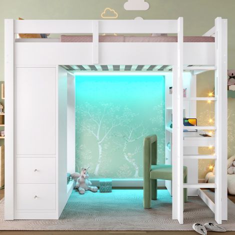 Lit mezzanine enfant 90x200 cm avec 4 tiroirs et 1 armoire de rangement, bureau, penderie ouverte, éclairage LED et port USB, sans matelas, blanc (1/4)