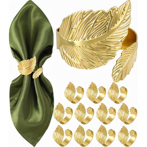 Set aus 12 Stück, funkelnde goldene Serviettenringe, glatt und pflegeleicht, elegante Tischdekorationen aus massivem Metall in Form eines Lorbeerblatts (Servietten nicht enthalten).