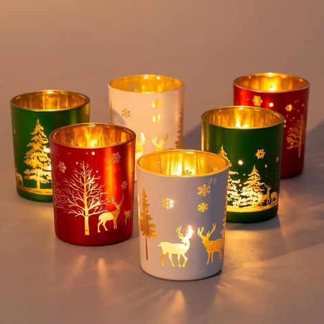 Photophore Verre pour Decoration Noel Table: Romadedi Lot De 6 Bougeoirs Noël pour Bougie Chauffe Plat Deco Table Noel, Verre De Noel pour Maison Fenetre, Contenant pour Bougie pour Salon Interieur (1/5)