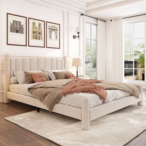 Lit 180x200 cm sommier à lattes, tête de lit velours beige motifs éventail, pieds cylindriques (1/5)