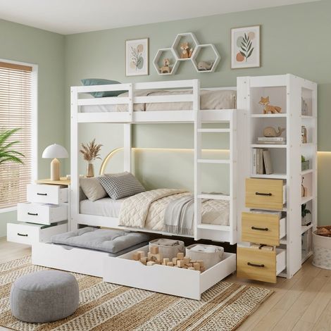 Litera 90x200 cm con somier de láminas - Cama infantil de madera con 2 cajones estanterías de almacenamiento lateral y mesita de noche - Blanco y natural (1/5)