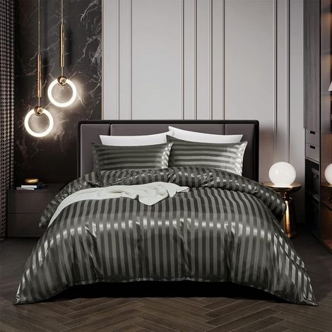 Housse de Couette 240x260 Adulte Rayures Gris Foncé Parure de Lit (1/5)