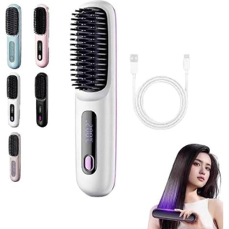 Brosse à cheveux volumisante sans fil pour cheveux courts, styler chauffant avec 3 réglages, chauffe rapide en 20 secondes, écran LED, USB-C, format voyage, blanc (1/5)