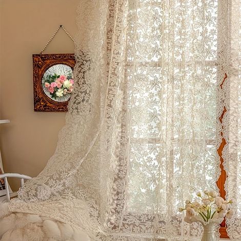 Voilage beige dentelle vintage – 130x260 cm – Motif floral rétro – Filtre lumière – Salon/chambre (1/5)