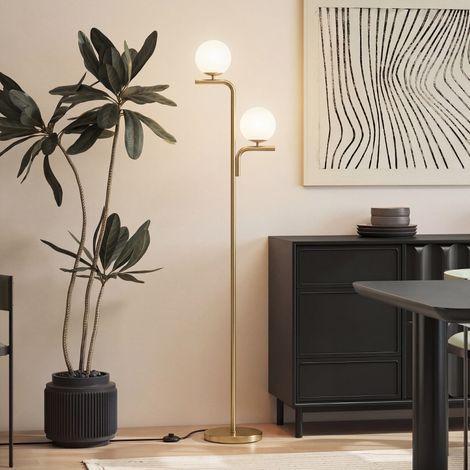 Lampe sur pied LED moderne, 3 températures de couleur, abat-jours en boule de verre doré, interrupteur au pied, 170cm, salon, ambiance chaleureuse. (1/5)