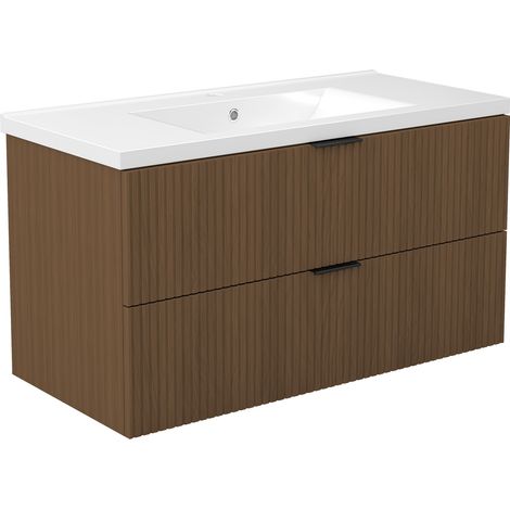 AICA Ensemble de meubles de salle de bain 100 cm Noyer avec 2 tiroirs + vasque Céramique