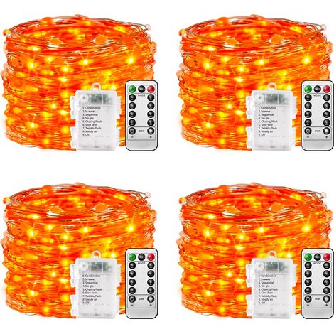 plainshe Lot de 4 guirlandes lumineuses à piles - Orange - 10 m - 100 LED - Fil argenté - Micro guirlande lumineuse d'extérieur - Étanche - 8 modes - Télécommande - Minuterie - Pour sapin de Noël (1/5)