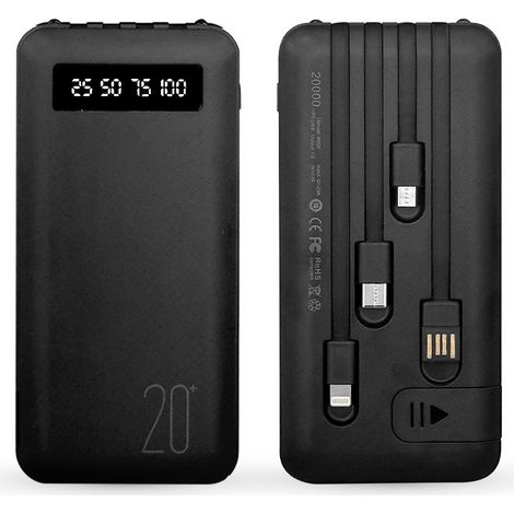 Power Bank 20000mAh Chargeur Rapide Portable avec 4 Câbles USB Inclus  Couleur: Noir