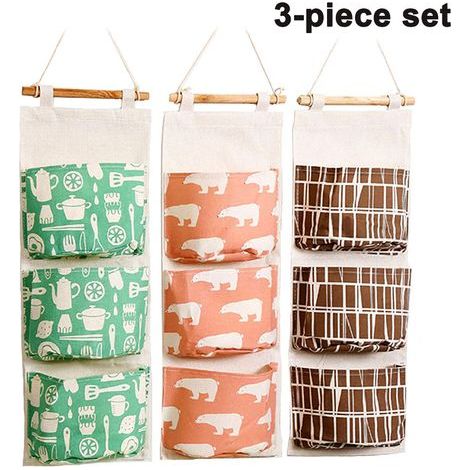 Ensemble de 3 sacs de rangement muraux pour armoire, sac de rangement en lin pour porte arrière, sac de rangement suspendu avec 3 poches, convient pour la chambre et la salle de bain - imperméable et (1/5)