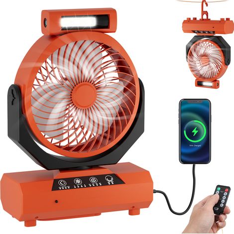 Randaco Ventilateur de Camping avec LED,4 Vitesses,3 Paramètres de Luminosité,Batterie 20000 mAh,pour Maison Bureau Voiture et Activités Plein Air,Orange (1/5)