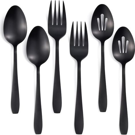 Lot de 6 Ustensiles de Service Noir Mat - 2 Cuillères de Service + 2 Cuillères à Fentes + 2 Fourchettes de Service - 27 cm - Acier Inoxydable 18/0 Lave-vaisselle (1/5)
