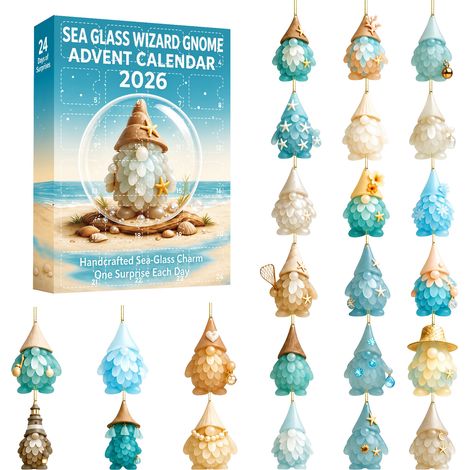 Adventskalender „Seeglas-Zauberer-Gnom“ 2026 – 24-teilige 2D-Acryl-Dekorationsartikel mit Meeresmotiven – 24-tägiger Countdown-Kalender für (1/5)