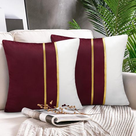Housse De Coussin 45x45 Cm Taies D'oreiller Coutures En Cuir Doré Housses D'oreiller Velours Bordeaux Pour Lit Canapé Voiture Home Décoratif Moderne Luxe Maison Salon Chambre Lot De 2
