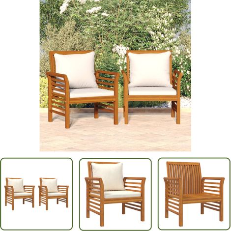 The Living Store Gartensessel mit Cremeweißen Kissen 2 Stk. Massivholz Akazie - Gartenstuhl - Sessel - Holzsessel - Akazienholz - Outdoor Möbel (1/5)
