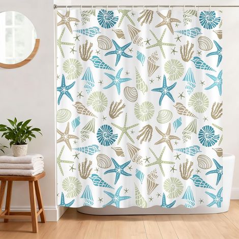 Rideau de Douche Thème Océan Anti Moisissure 180 x 180 cm Rideau Douche Étoile de Mer Coquillage Tissu Polyester Imperméable Lavable Rideau Baignoire avec 12 Crochets (1/5)