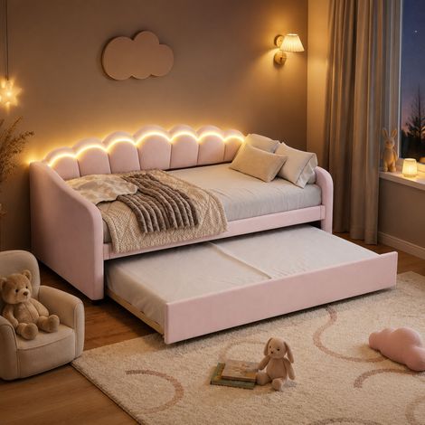 Letto con Letto estraibili 90x200 cm, con letto estraibile e illuminazione LED, in velluto rosa, senza materasso (1/5)