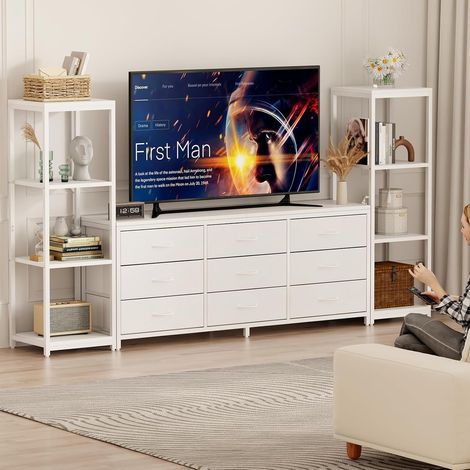 Meuble TV 226 cm pour TV 75 Pouces avec 9 Tiroirs et LED Blanc (1/5)