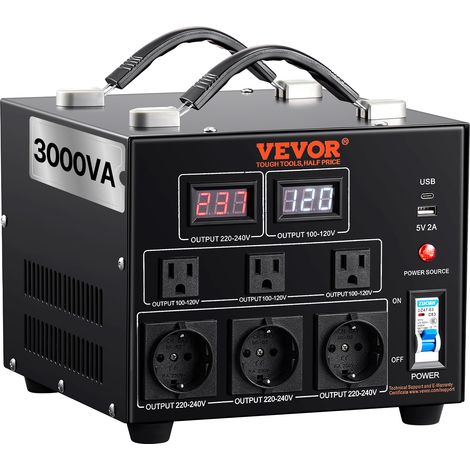 VEVOR Transformador Convertidor de Voltaje Sube/Baja 220-110V/110-220V Convertidor 3000VA CE con 3 Enchufes NEMA 5-15R de 3 Pines EE.UU., 3 Enchufes Shucko Europeos, 1 Conector USB, 1 Conector Tipo-C