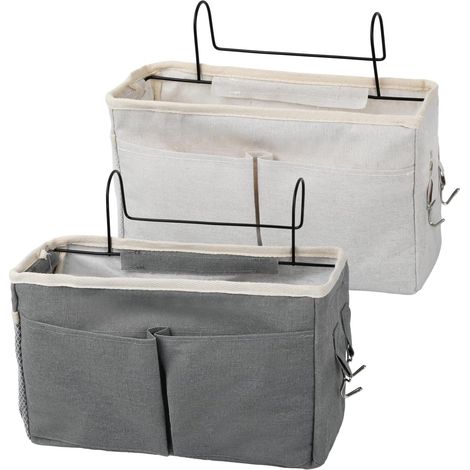 Poche de Lit en Toile Sac de Rangement de Lit Suspendu, 2Pcs Organisateur Étagère Lit avec Crochet, Panier de Lit Chevet Pochettes de Lit Suspendues pour École Dortoir Maison (1/5)