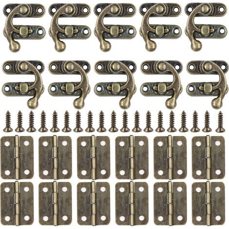 Lot de 10 crochets de verrouillage antiques rétro gauche/droite + 12 petites charnières avec vis, parfait pour la décoration de boîtes en bois