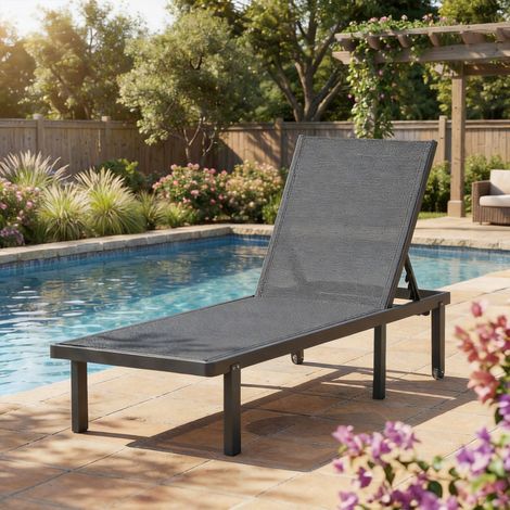 Bain de soleil transat de jardin avec roulettes, inclinable à plat 4 positions, textilène 530g/m², gris foncé