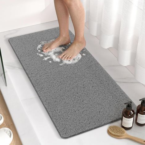 Tapis de Douche Antiderapant, 88 x 40cm Long Tapis de Baignoire Antidérapant, Loofah en PVC Souple Tapis Antidérapant Baignoire, sans Ventouse Tapis de Bain, Séchage Rapide, Gris