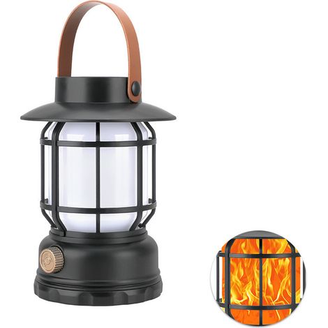 Solarlampe für den Außenbereich zum Camping – Retro-Stil-Laterne als Stimmungslicht, tragbar und wiederaufladbar, ideal für Zelte, Camps oder Notfälle, Obsidian-Schwarz mit Flammeneffekt