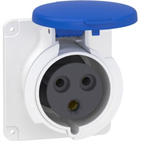 Prise socle 32A 2P+T clapet bleu 200-250V CA industrielle droite étanche IP44 PRATIKA