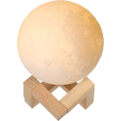 Die Luna-Nachtleuchte aus 3D-gedrucktem, wiederaufladbarem PLA hat einen Durchmesser von 10 cm, einen Holzsockel und zwei per Berührungssensor einstellbare Lichtfarben. Ideal zur Dekoration eines Schl
