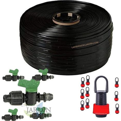 Confezione Manichetta gocciolante da 16 passo 30 cm, 250 m + 5 chiavi attacco tubo principale + 10 tappi